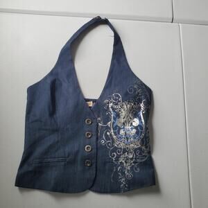 Sugar Tart Halter Tank Top Jrs Small Blue Denim Button Vest Y2K Grunge Punk Rock